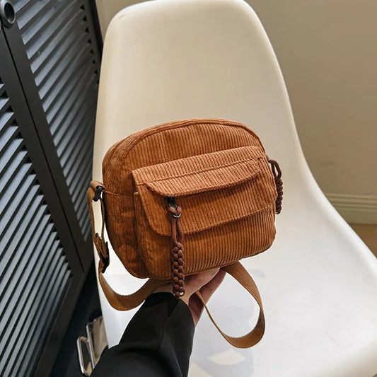 Corduroy Crossbody Bag Mini Messenger Shoulder Purse Adjustable Strap Vintage Style Casual Streetwear Phone Pouch Brown