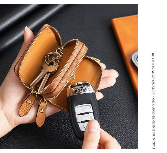 Genuine Leather Car Key Case Double Zipper Smart Key Fob Holder Wallet Remote Organiser Pouch with Hook Black - Image 2