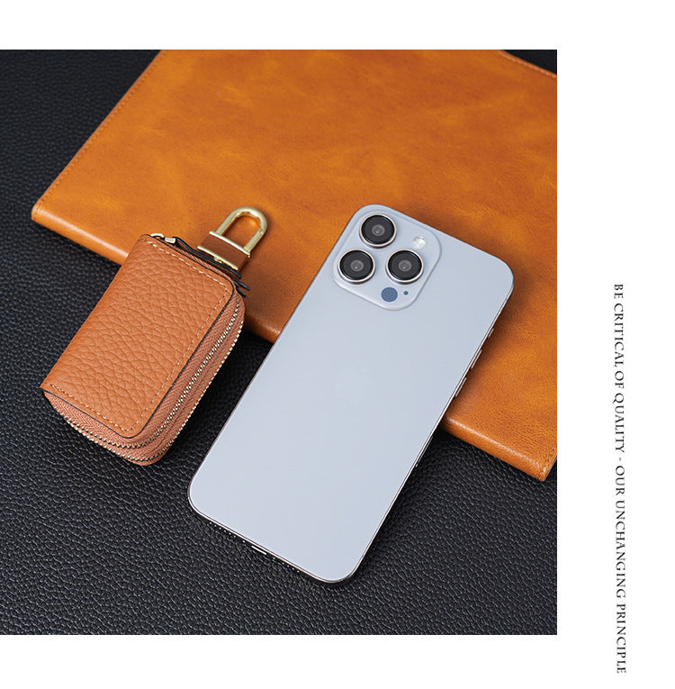 Genuine Leather Car Key Case Double Zipper Smart Key Fob Holder Wallet Remote Organiser Pouch with Hook Brown - Image 4