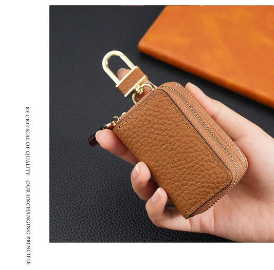 Genuine Leather Car Key Case Double Zipper Smart Key Fob Holder Wallet Remote Organiser Pouch with Hook Red - Image 3