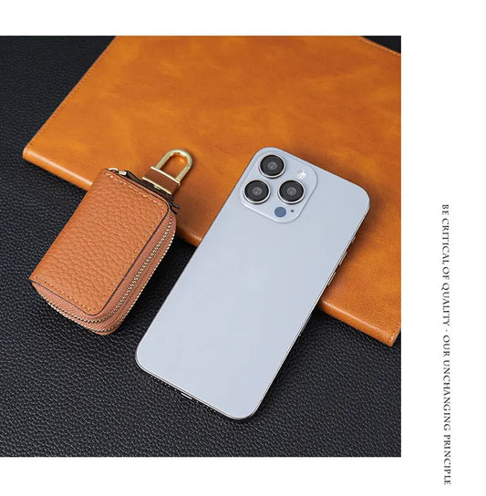 Genuine Leather Car Key Case Double Zipper Smart Key Fob Holder Wallet Remote Organiser Pouch with Hook Orange - Image 4