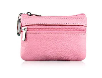 Small Coin Purse Key Ring Wallet Mini Change Pouch Dual Zipper Pocket PU Leather Portable Storage Bag Pink