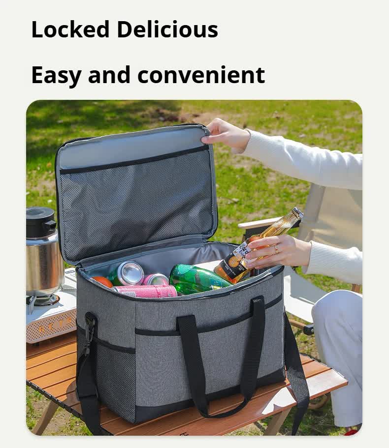 Large 35L Insulated Cooler Bag Soft Sided Leakproof Thermal Tote for Camping Beach Picnic BBQ Heavy Duty Grocery Carrier Grey - Image 4