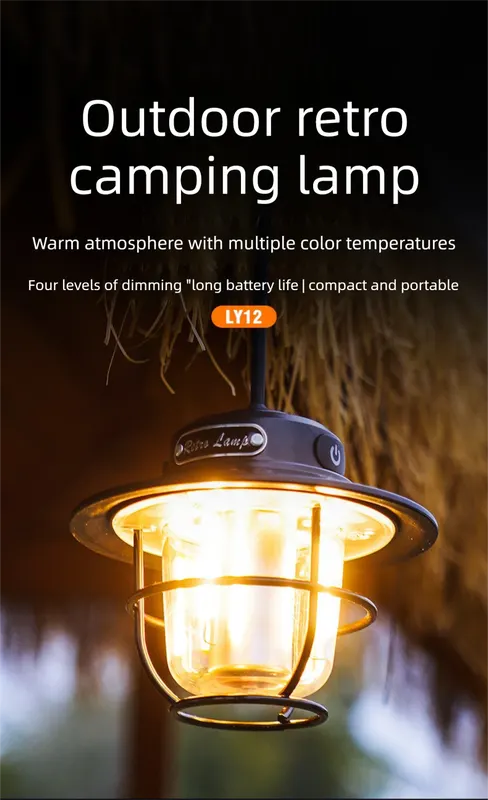 Retro LED Camping Lantern Rechargeable Pinecone Light Dimmable 4 Modes IPX4 Waterproof Hanging Tent Lamp for Outdoor Hiking Fishing Black - Image 2