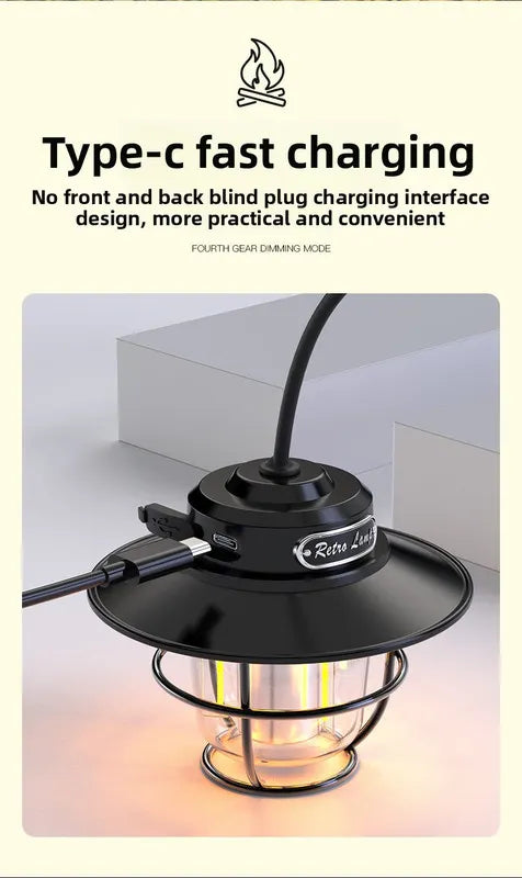 Retro LED Camping Lantern Rechargeable Pinecone Light Dimmable 4 Modes IPX4 Waterproof Hanging Tent Lamp for Outdoor Hiking Fishing Black - Image 5