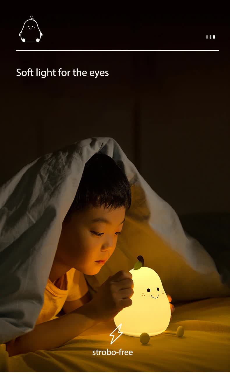Cute Pear Night Light Squishy Silicone Nursery Lamp Rechargeable LED Bedside Light with Timer 7 Colour Changing Tap Control for Kids Baby Bedroom Gift - Image 6