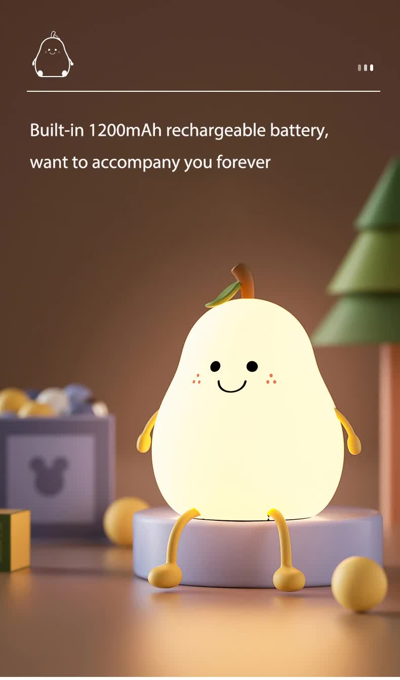 Cute Pear Night Light Squishy Silicone Nursery Lamp Rechargeable LED Bedside Light with Timer 7 Colour Changing Tap Control for Kids Baby Bedroom Gift - Image 7