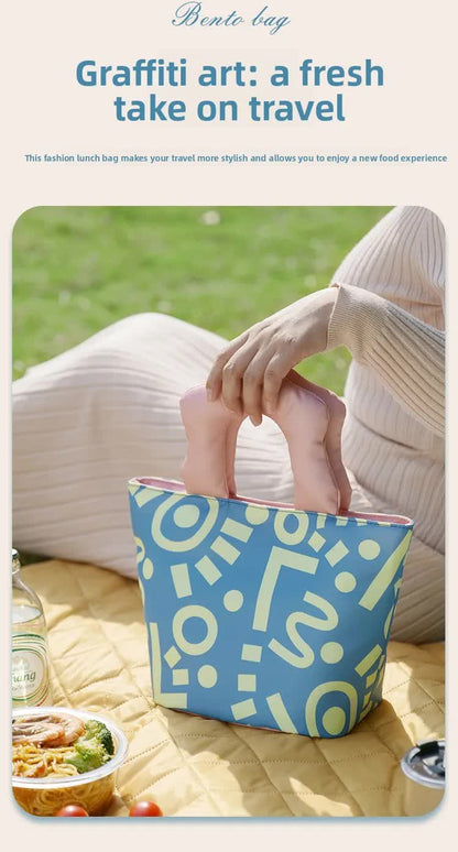 Insulated Lunch Bag Tote Fashion Graffiti Print with Soft Padded Handle Waterproof Thermal Cooler Bento Case for Work School and Picnics Blue with Pink Handle - Image 4