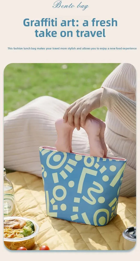 Insulated Lunch Bag Tote Fashion Graffiti Print with Soft Padded Handle Waterproof Thermal Cooler Bento Case for Work School and Picnics Blue with Orange Handle - Image 4