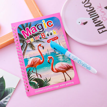 2 PCS Magic Water Colouring Book Reusable Mess Free Painting Set Dinosaur and Flamingo Themes with Refillable Water Pens for Kids Travel Activity and Educational Art - Image 2