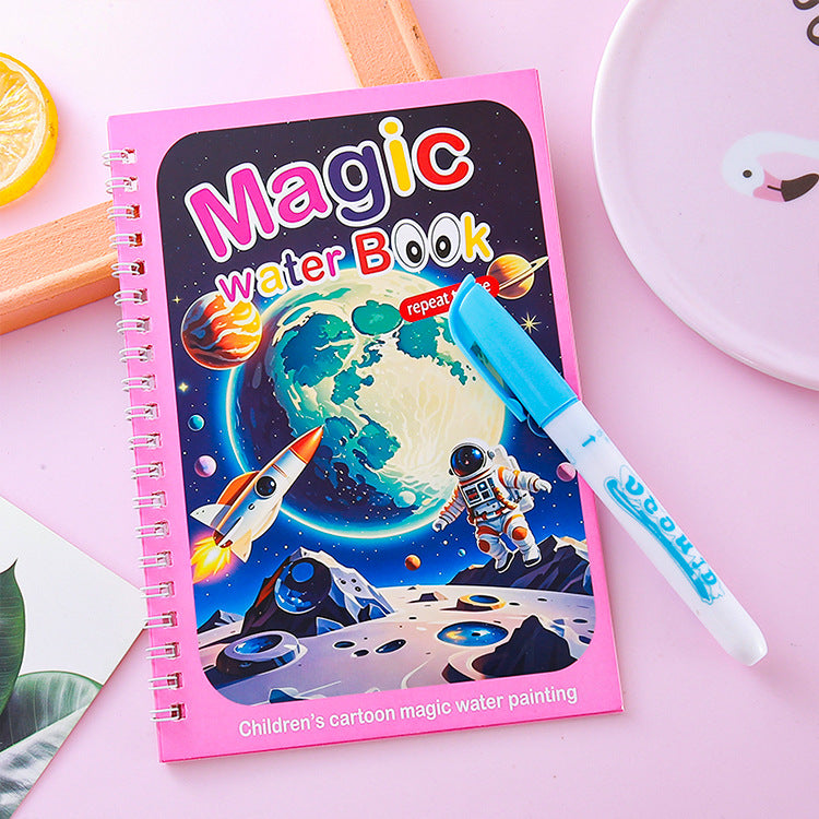 2 PCS Magic Water Colouring Book Reusable Mess Free Painting Set Space Astronaut and Cartoon Puppy Themes with Refillable Water Pens for Kids Travel Activity - Image 2