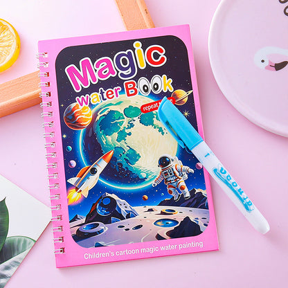 2 PCS Magic Water Colouring Book Reusable Mess Free Painting Set Space Astronaut and Cartoon Puppy Themes with Refillable Water Pens for Kids Travel Activity - Image 2