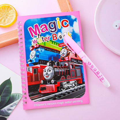 2 PCS Magic Water Colouring Book Reusable Mess Free Painting Set Underwater Ocean and Train Themes with Refillable Water Pens for Kids Travel Activity - Image 2