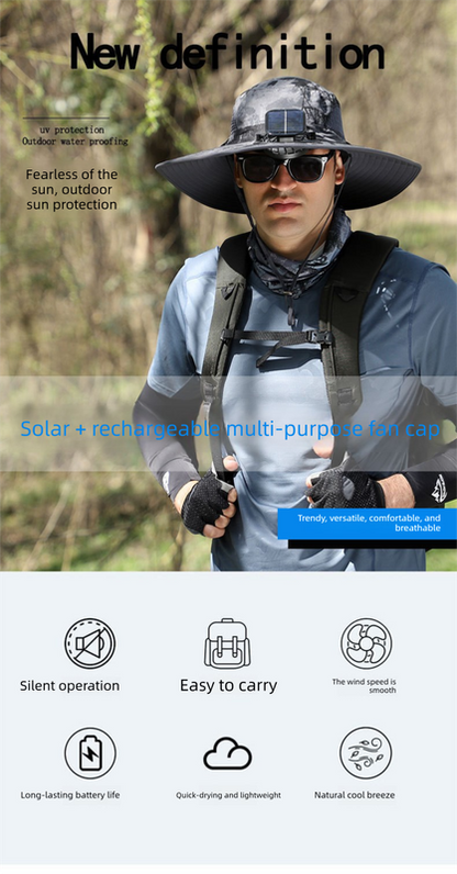 Light Grey Dual Solar Fan Hat with Rechargeable Battery - Wide Brim UPF 50+ Sun Protection Bucket Hat for Fishing & Outdoor Work - Image 2