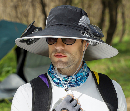 Black Dual Solar Fan Hat with Rechargeable Battery - Wide Brim UPF 50+ Sun Protection Bucket Hat for Fishing & Outdoor Work