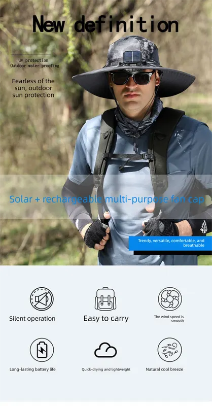 Black Dual Solar Fan Hat with Rechargeable Battery - Wide Brim UPF 50+ Sun Protection Bucket Hat for Fishing & Outdoor Work - Image 2