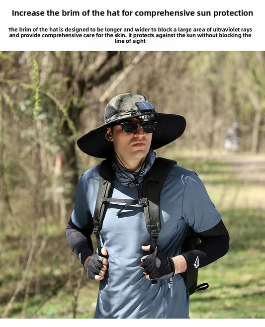 Khaki Dual Solar Fan Hat with Rechargeable Battery - Wide Brim UPF 50+ Sun Protection Bucket Hat for Fishing & Outdoor Work - Image 4