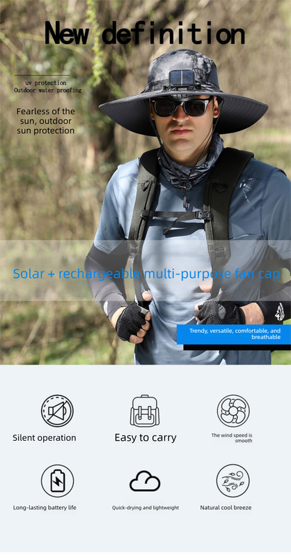 Dual Solar Fan Hat with Rechargeable Battery - Wide Brim UPF 50+ Sun Protection Bucket Hat - Khaki Ink Pattern for Fishing & Camping - Image 2