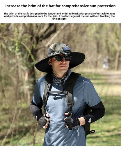 Dual Solar Fan Hat with Rechargeable Battery - Wide Brim UPF 50+ Sun Protection Bucket Hat - Khaki Ink Pattern for Fishing & Camping - Image 4