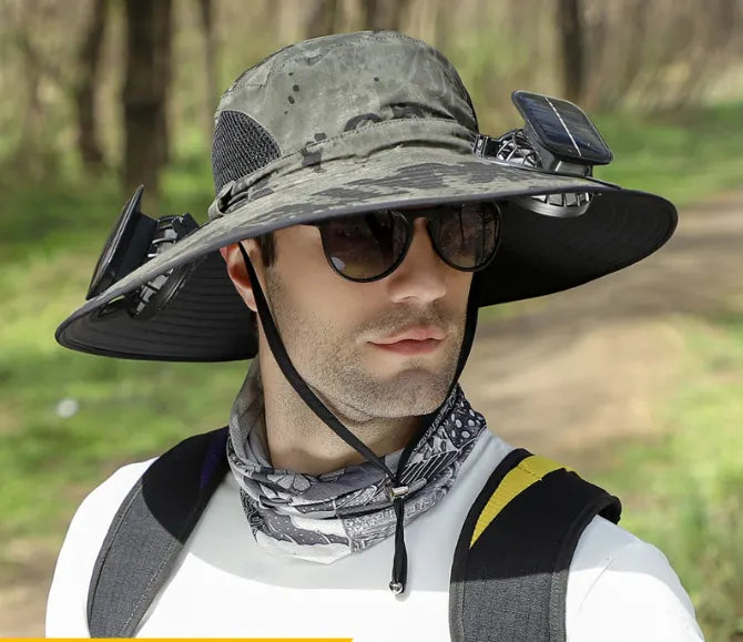 Dual Solar Fan Hat with Rechargeable Battery - Wide Brim UPF 50+ Sun Protection Bucket Hat - Green Ink Pattern for Fishing & Camping