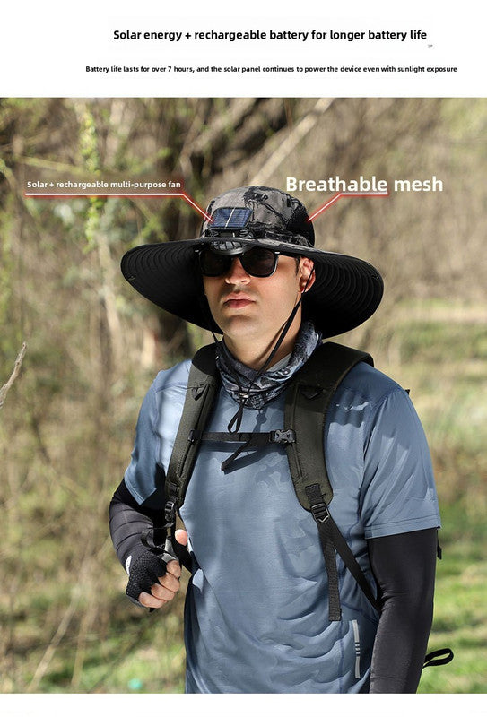 Dual Solar Fan Hat with Rechargeable Battery - Wide Brim UPF 50+ Sun Protection Bucket Hat - Green Ink Pattern for Fishing & Camping - Image 3