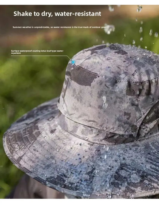 Dual Solar Fan Hat with Rechargeable Battery - Wide Brim UPF 50+ Sun Protection Bucket Hat - Green Ink Pattern for Fishing & Camping - Image 5