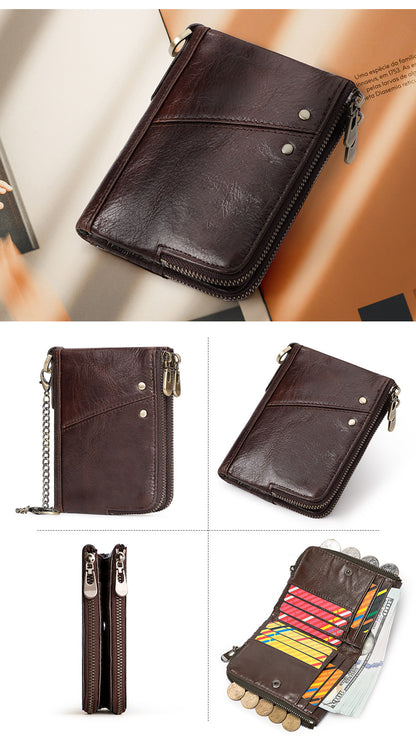 Genuine Leather Mens Wallet Double Zipper - RFID Blocking Bifold Card Holder with Coin Pocket - Vintage Brown Gift for Him - Image 5