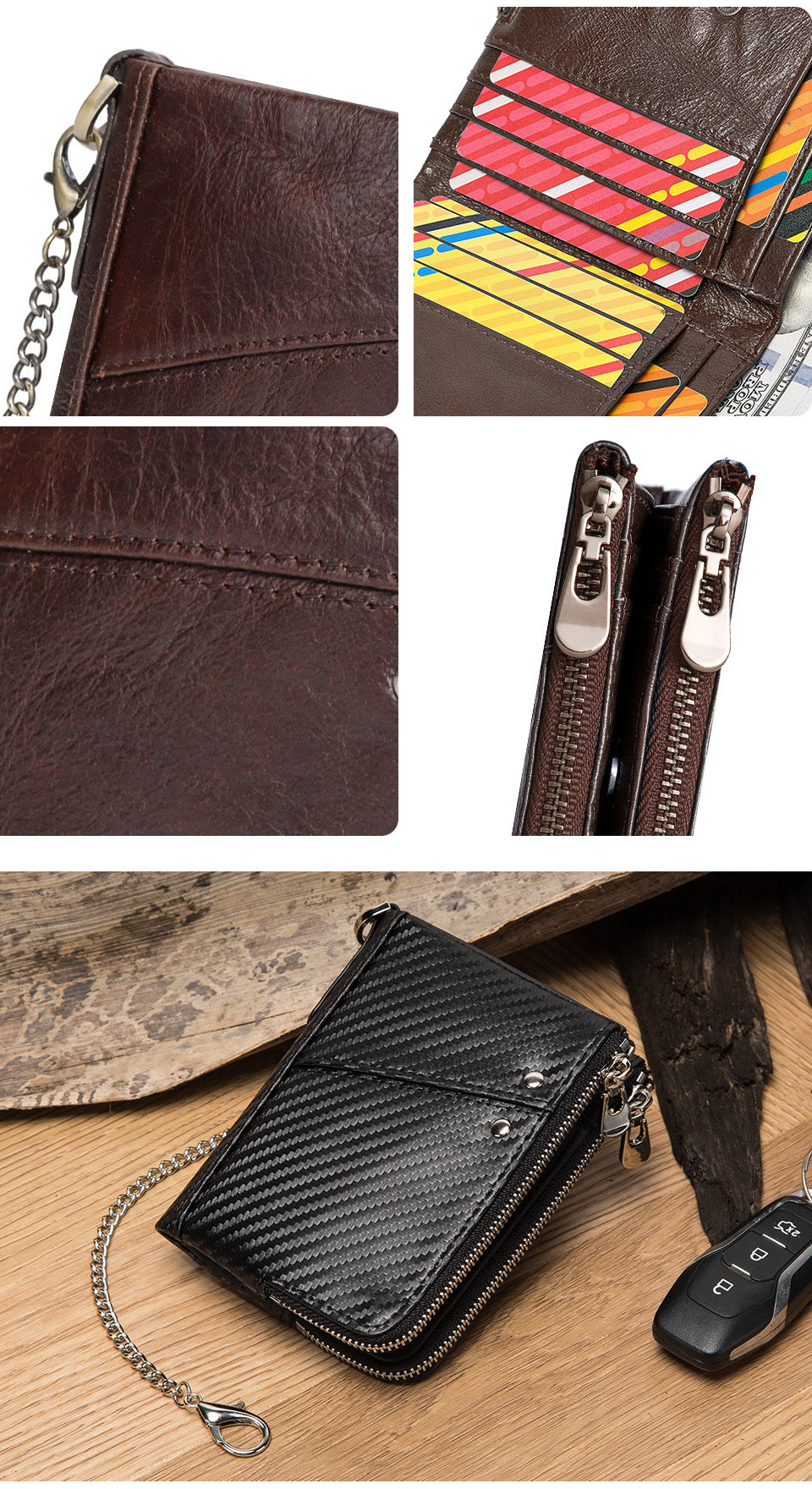 Genuine Leather Mens Wallet Double Zipper - RFID Blocking Bifold Card Holder with Coin Pocket - Vintage Brown Gift for Him - Image 6