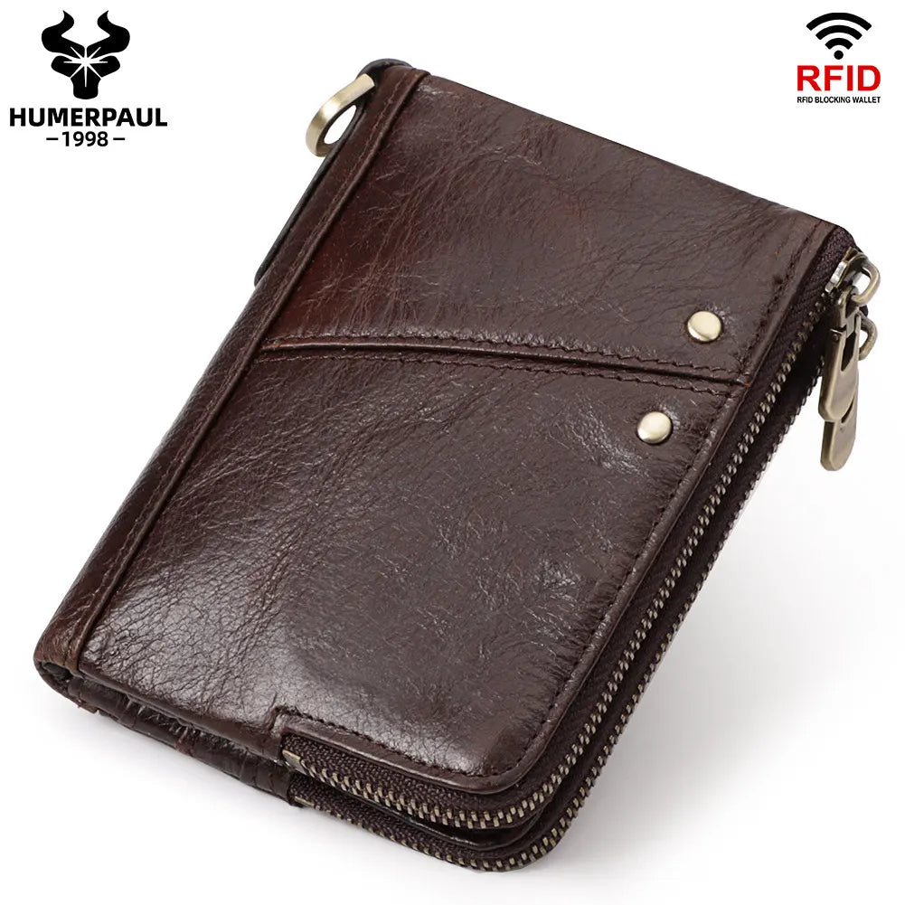 Genuine Leather Mens Wallet Double Zipper - RFID Blocking Bifold Card Holder with Coin Pocket - Coffee Gift for Him