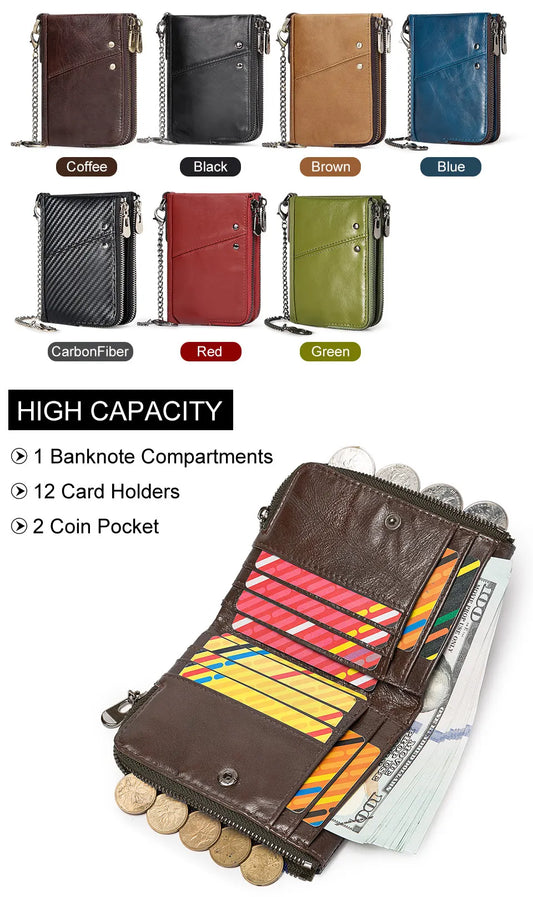 Genuine Leather Mens Wallet Double Zipper - RFID Blocking Bifold Card Holder with Coin Pocket - Coffee Gift for Him - Image 4