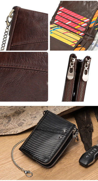 Genuine Leather Mens Wallet Double Zipper - RFID Blocking Bifold Card Holder with Coin Pocket - Coffee Gift for Him - Image 6