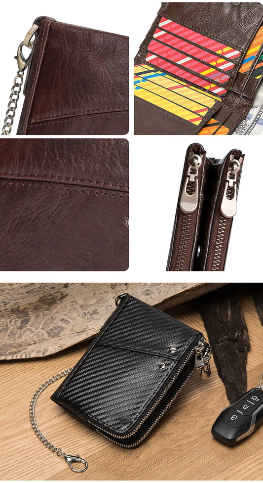 Genuine Leather Mens Wallet Double Zipper - RFID Blocking Bifold Card Holder with Coin Pocket - Black Gift for Him - Image 6
