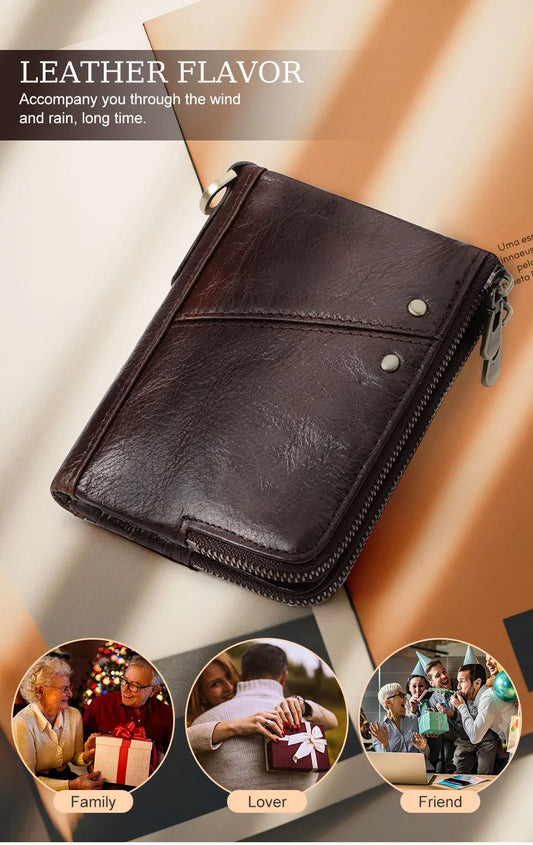 Genuine Leather Mens Wallet Double Zipper - RFID Blocking Bifold Card Holder with Coin Pocket - Red Gift for Him - Image 2