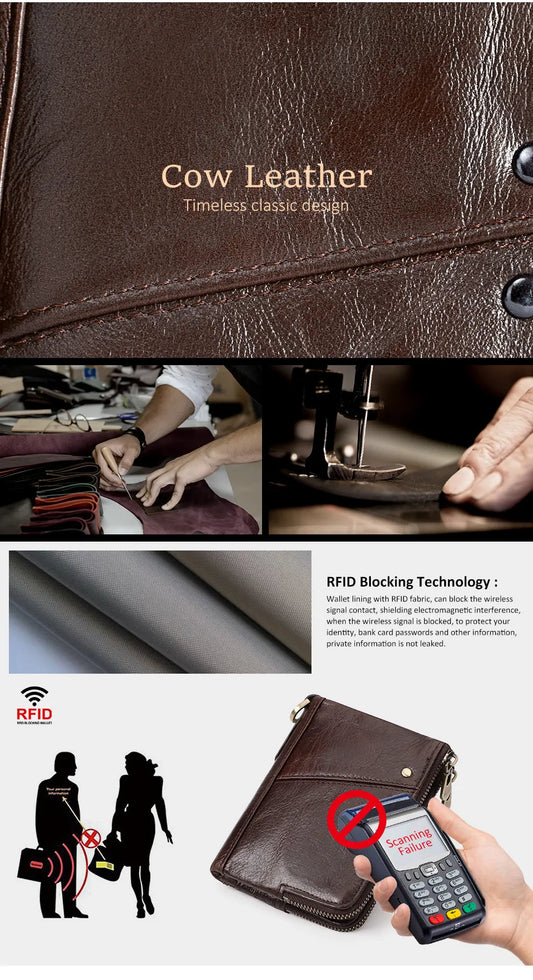 Genuine Leather Mens Wallet Double Zipper - RFID Blocking Bifold Card Holder with Coin Pocket - Green Gift for Him - Image 3