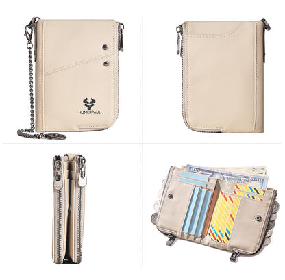 Genuine Leather Double Zipper Wallet - Beige RFID Blocking Bifold Card Holder - Vintage Cowhide Purse with Coin Pockets (13cm) - Image 4
