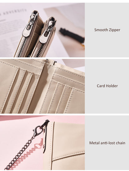 Genuine Leather Double Zipper Wallet - Green RFID Blocking Bifold Card Holder - Vintage Cowhide Purse with Coin Pockets (13cm) - Image 5