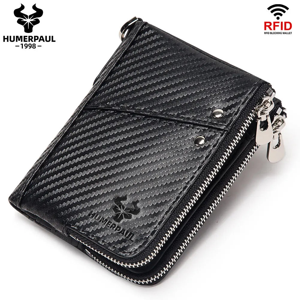 Carbon Fiber Texture Leather Mens Wallet - RFID Blocking Double Zipper Bifold - Vertical Card Holder with Coin Pockets (Black)