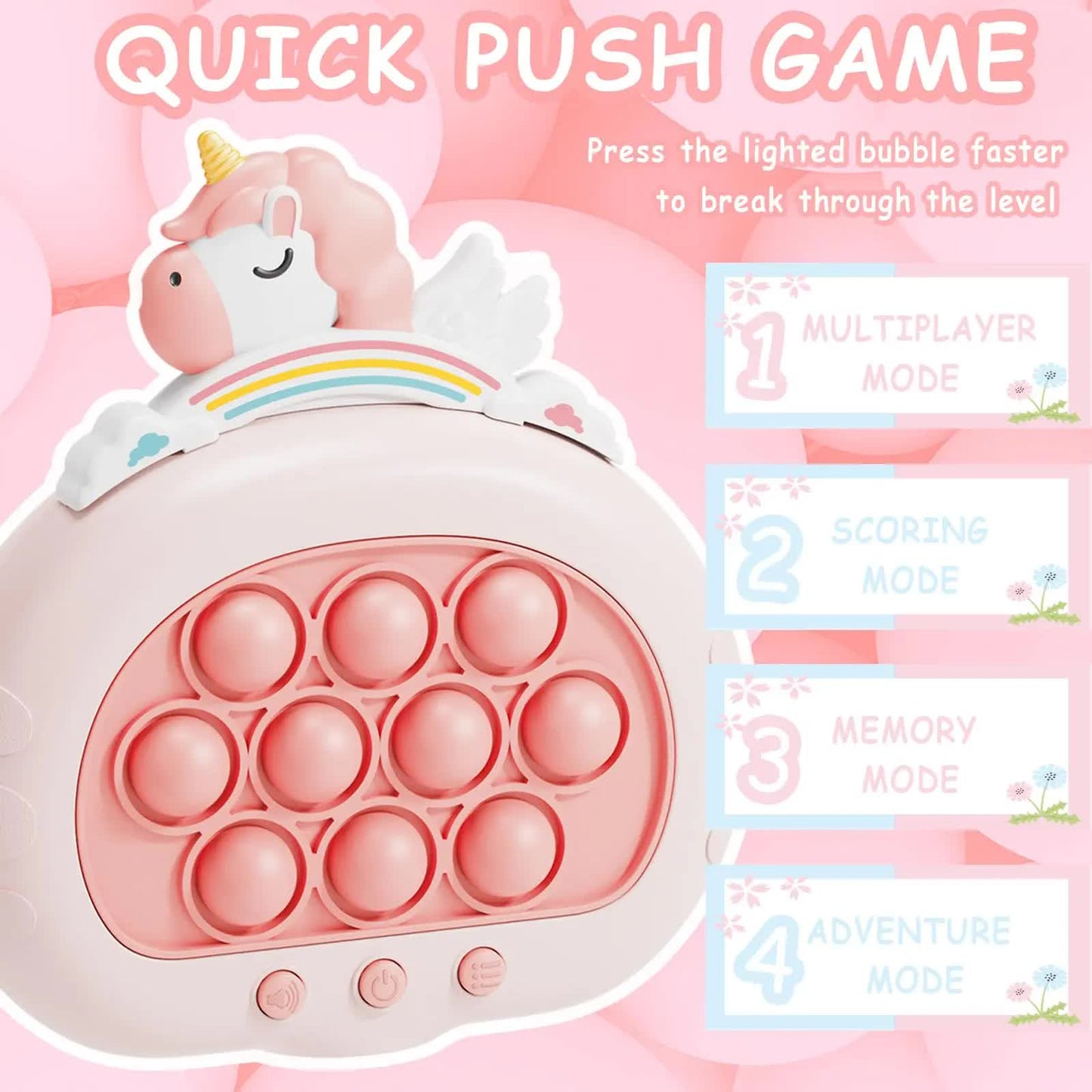 Electronic Fast Push Pop Game - Pink Unicorn Fidget Console with Lights & Sound - 4 Modes Memory & Speed Challenge - Interactive Sensory Toy for Kids 3+ & Travel - Image 3