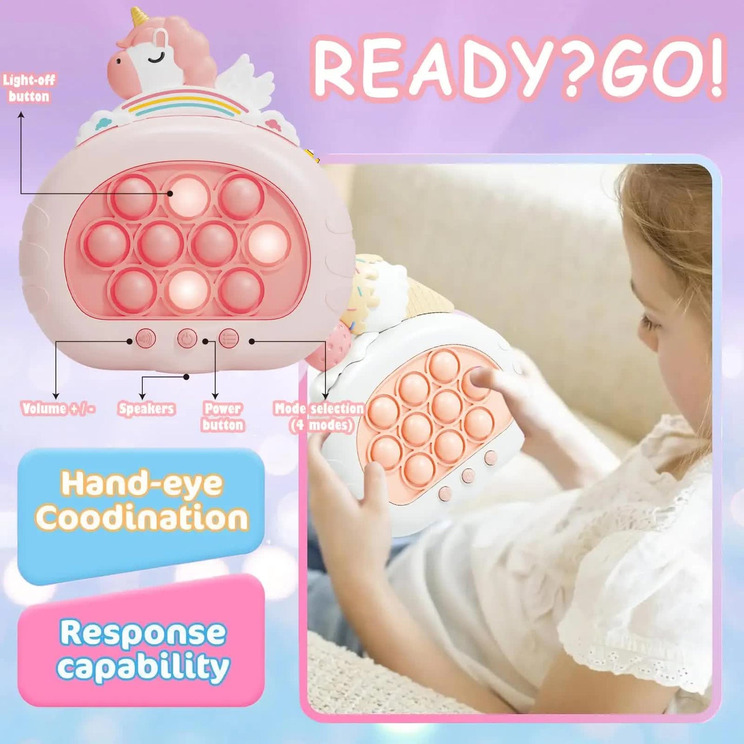 Electronic Fast Push Pop Game - Pink Unicorn Fidget Console with Lights & Sound - 4 Modes Memory & Speed Challenge - Interactive Sensory Toy for Kids 3+ & Travel - Image 4