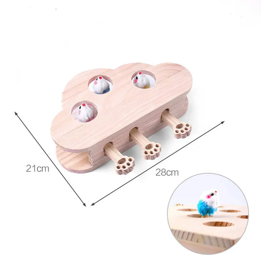 Interactive Wooden Cat Toy Whack-A-Mole Box - Solid Pine Puzzle Game with Pop-Up Plush Mice - Mental Enrichment & Bonding for Indoor Cats