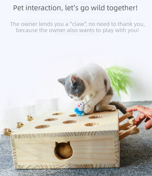 Interactive Wooden Cat Toy Whack-A-Mole Box - Solid Pine Puzzle Game with Pop-Up Plush Mice - Mental Enrichment & Bonding for Indoor Cats - Image 4