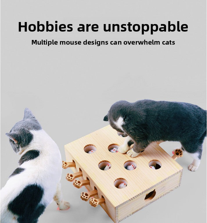 Interactive Wooden Cat Toy Whack-A-Mole Box - Solid Pine Cloud Puzzle with Pop-Up Cartoon Figures - Mental Enrichment & Bonding Game for Indoor Cats - Image 2
