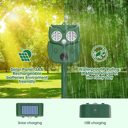 Solar Ultrasonic Animal Repeller - Owl Design with 14 LED Flashing Lights - Outdoor Motion Sensor Deterrent for Birds, Cats, Dogs & Rodents - 5 Adjustable Modes with USB Charging