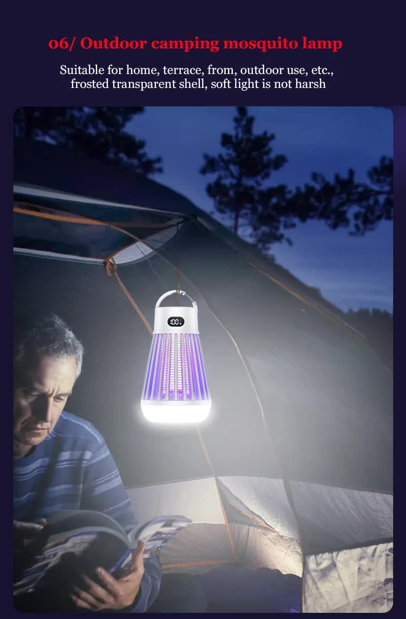 2-in-1 Rechargeable Mosquito Zapper & Camping Lantern - 2000V Electric Insect Killer with Smart Digital Display - 2000mAh Battery Portable Bug Trap for Outdoor Tent Patio & Home - IPX5 Waterproof - White - Image 9