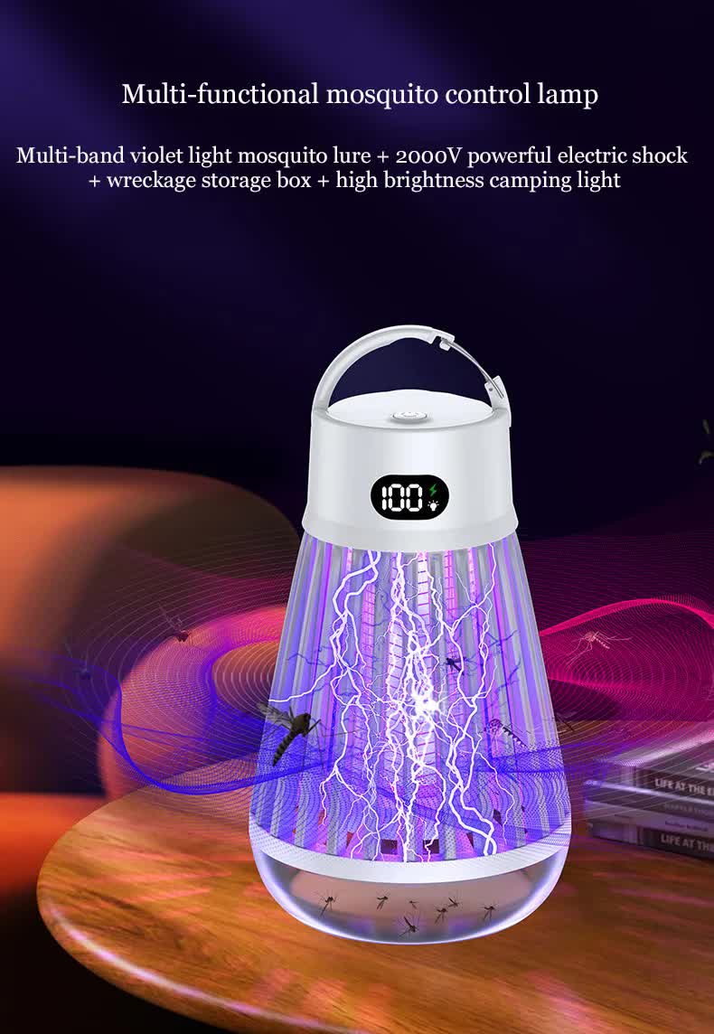 2-in-1 Rechargeable Mosquito Zapper & Camping Lantern - 2000V Electric Insect Killer with Smart Digital Display - 2000mAh Battery Portable Bug Trap for Outdoor Tent Patio & Home - IPX5 Waterproof - Black - Image 3
