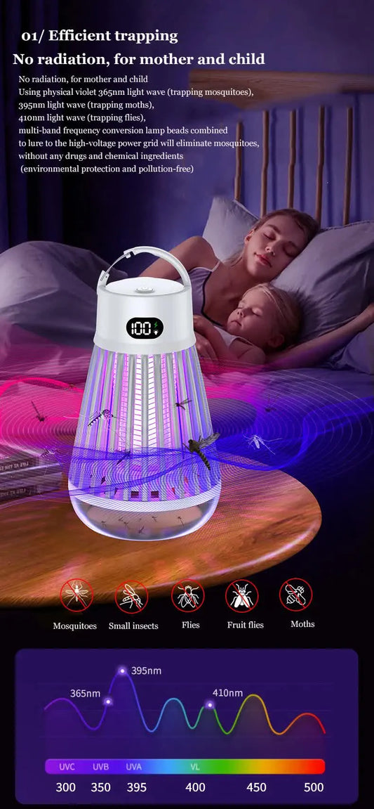 2-in-1 Rechargeable Mosquito Zapper & Camping Lantern - 2000V Electric Insect Killer with Smart Digital Display - 2000mAh Battery Portable Bug Trap for Outdoor Tent Patio & Home - IPX5 Waterproof - Black - Image 4