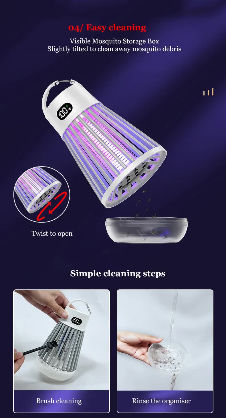 2-in-1 Rechargeable Mosquito Zapper & Camping Lantern - 2000V Electric Insect Killer with Smart Digital Display - 2000mAh Battery Portable Bug Trap for Outdoor Tent Patio & Home - IPX5 Waterproof - Black - Image 7