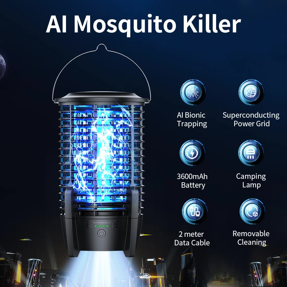 2-in-1 Rechargeable Mosquito Zapper & Camping Lantern - 3600mAh Battery - 2000V Electric Insect Killer with Bionic Trap Technology - Waterproof Outdoor Bug Trap - Black - Image 3