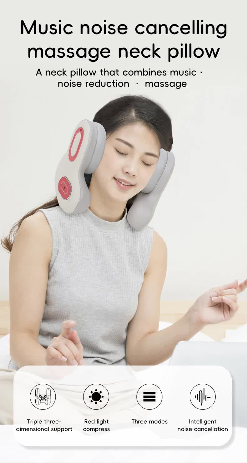Smart 4-in-1 Travel Neck Pillow with ANC Headphones - Heated Vibration Massage & Bluetooth Audio - Memory Foam Support for Planes & Home - Beige - Image 6