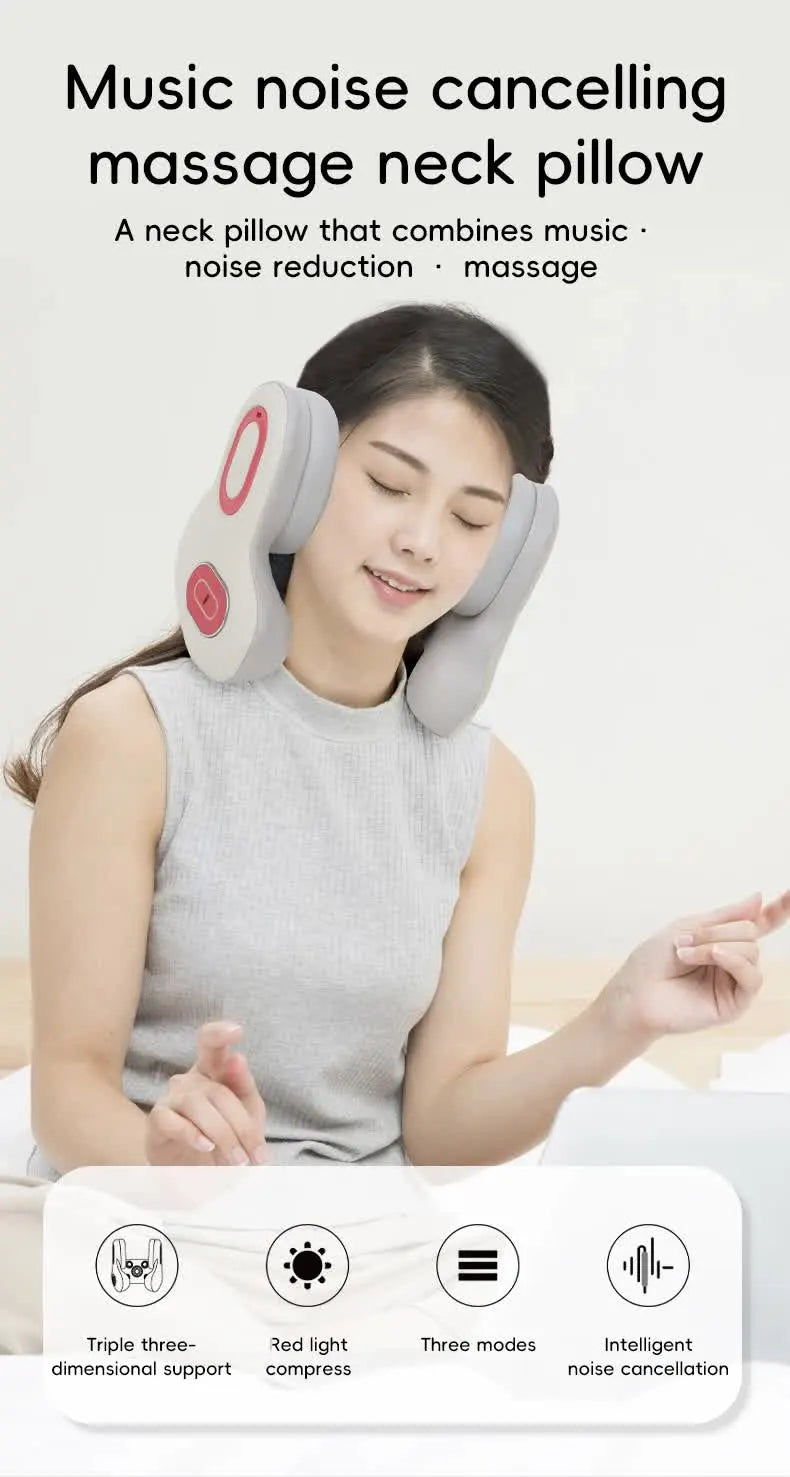 Smart 4-in-1 Travel Neck Pillow with ANC Headphones - Heated Vibration Massage & Bluetooth Audio - Memory Foam Support for Planes & Home - Beige - Image 6